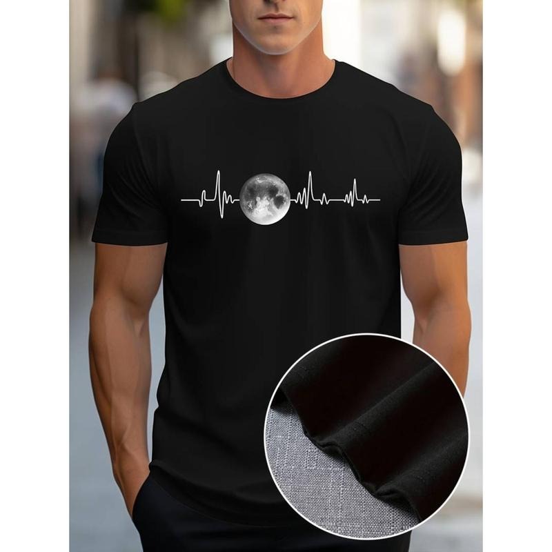 men gifts Men'WB shield Black Graphic Tee with Moon Phase Print - Casual Polyester Blend, Crew Neck, Short Sleeve...