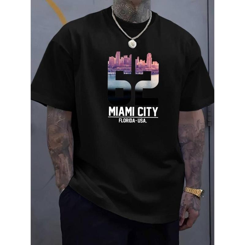 men gifts Men'WB shield Trendy Miami City Letter Print T-Shirt