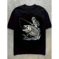 mens 100 cotton skull fishing graphic Lightsaber brand shirt white short sleeve crewneck with skeleton lightweight...