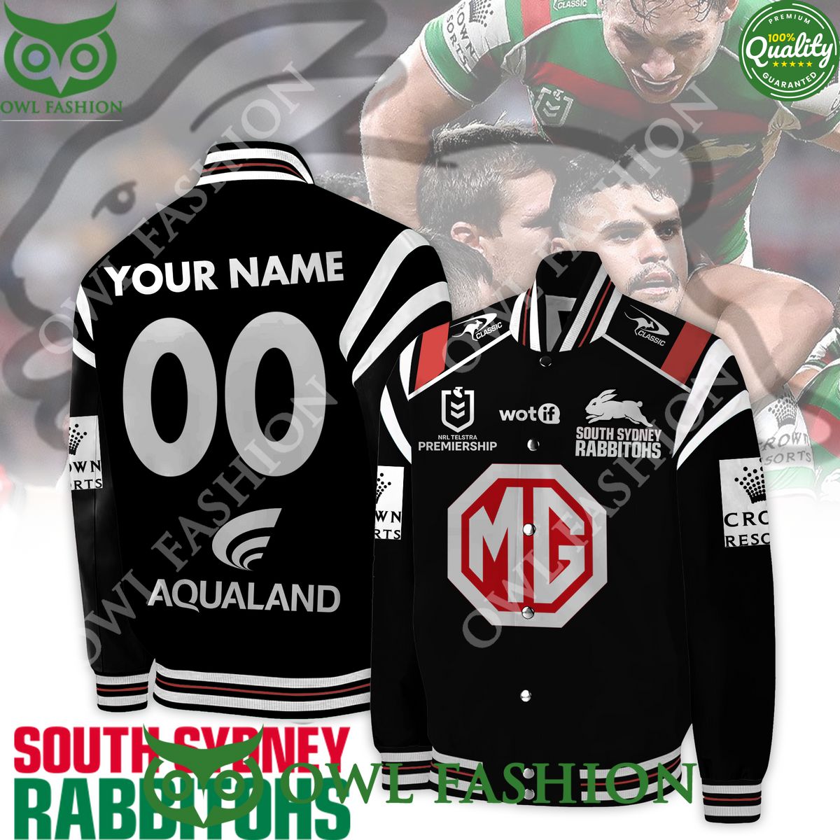 MG Logo South Sydney Rabbitohs NRL Custom Name and Number Baseball Varsity Jacket