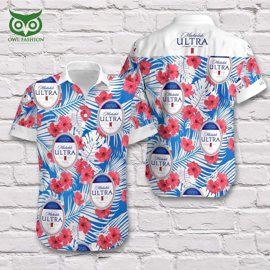 Michelob Ultra Beer Hibiscus Flowers And Palm Leaves Hawaiian Shirt