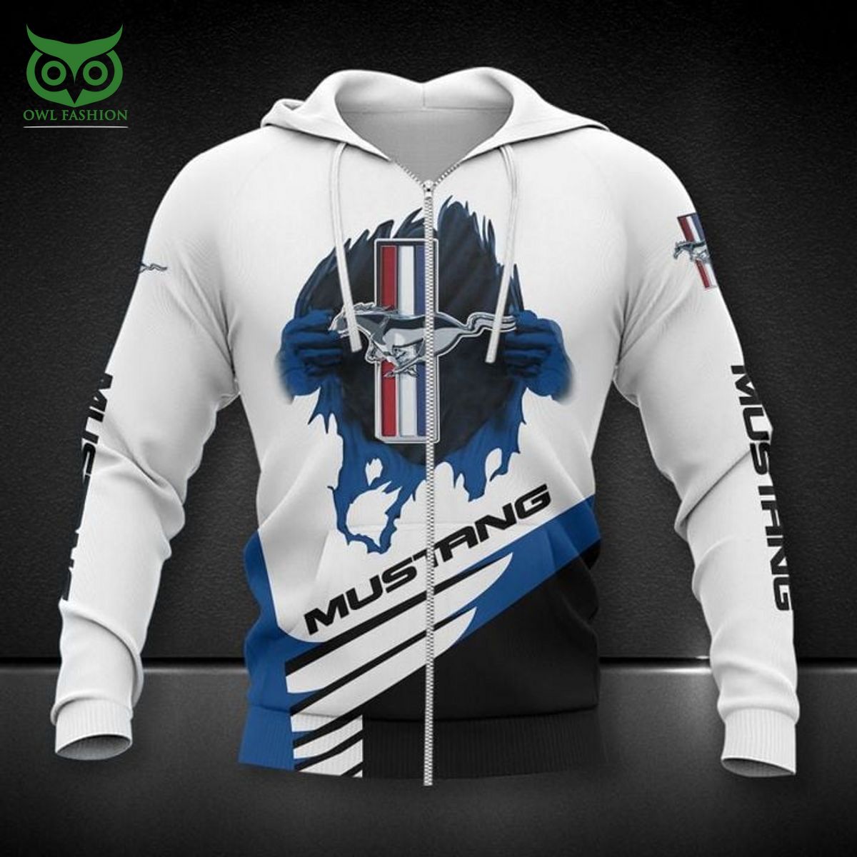 Mustang Ford Blue White 3D Zip Hoodie