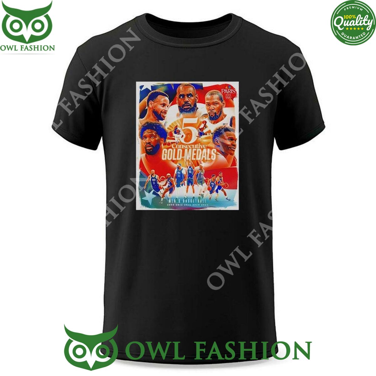 Olympic Paris 2024 5 Consecutive Gold Medals Mens Basketball t Shirt