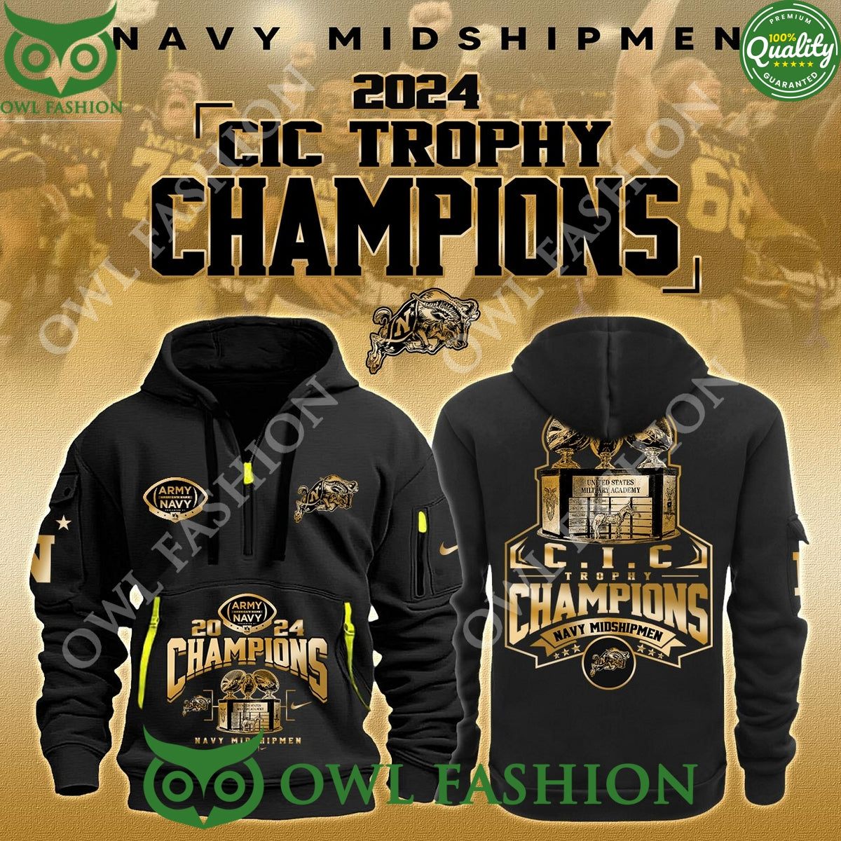 Navy Midshipmen NCAA CIC Trophy Champions Limited Edition New Gold half zipper hoodie