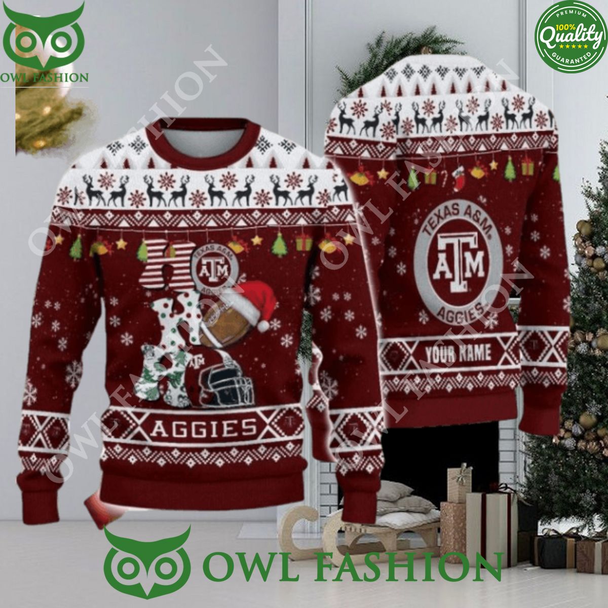 NCAA Texas Aggies Custom Name HO HO HO Ugly Christmas Sweater Jumper