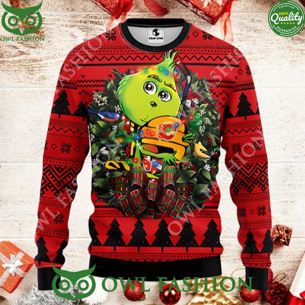 NHL Calgary Flames Grinch Hug Funny Ugly Christmas 2023 Sweater Jumper