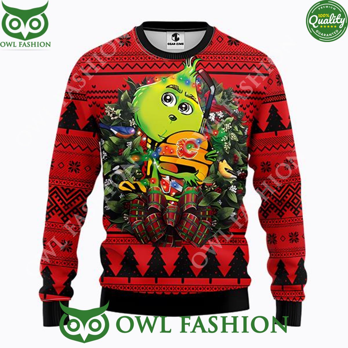 NHL Calgary Flames Grinch Hug Funny Ugly Christmas 2023 Sweater Jumper