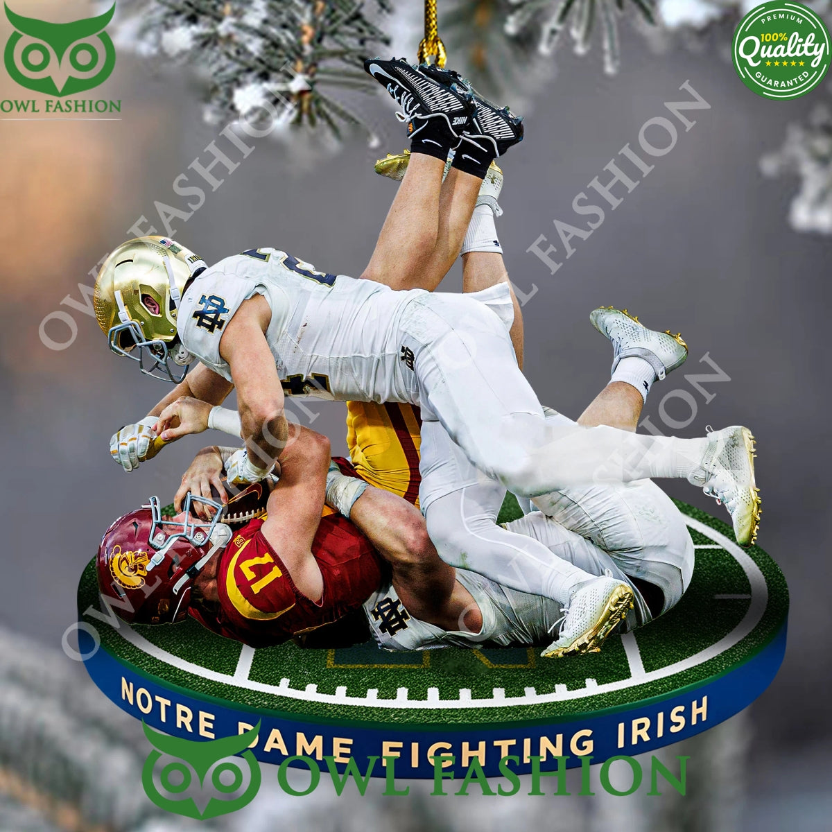 Notre Dame Fighting Irish battle USC trojans line down plastic ornament