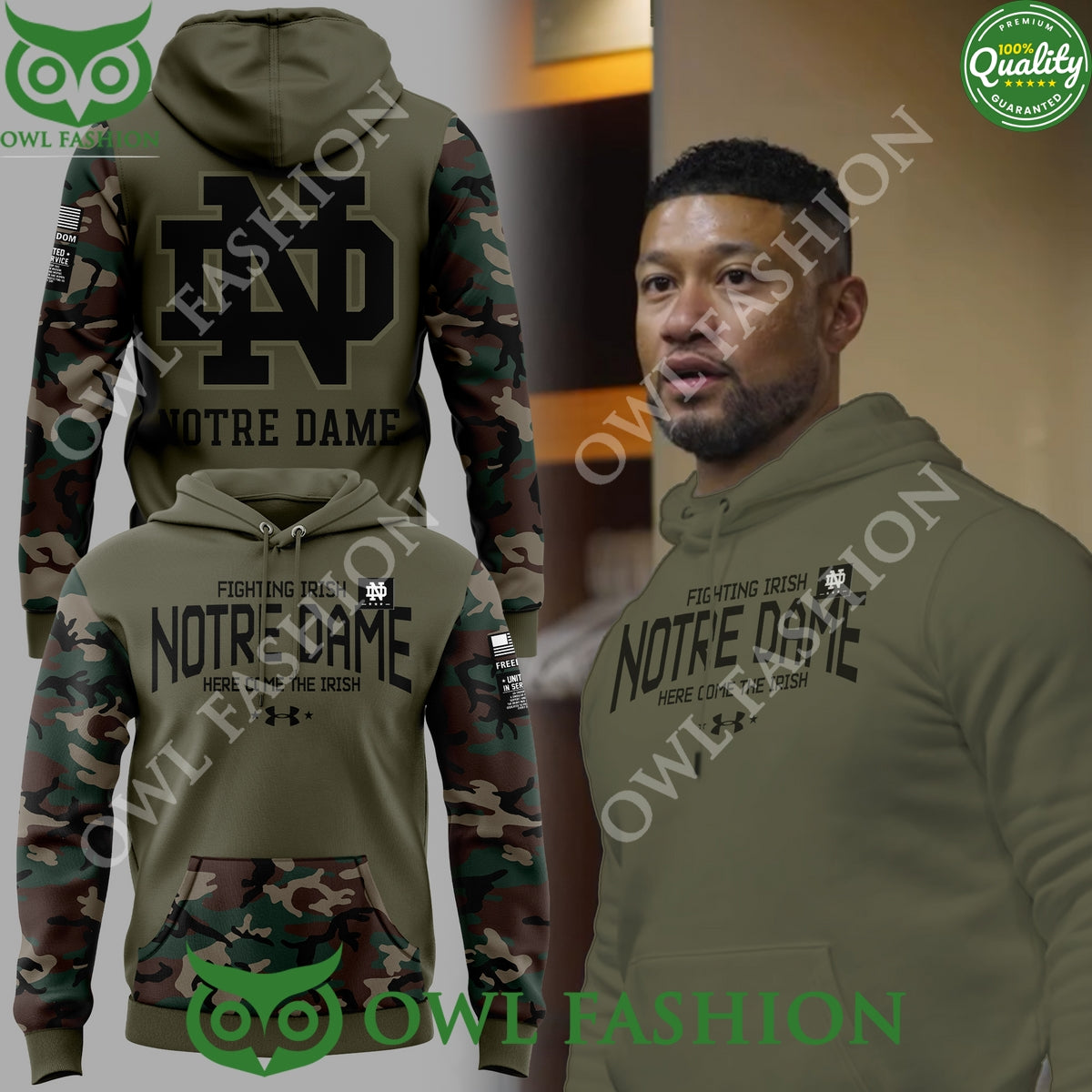 Notre Dame Fighting Irish Here Come the Irish Camo Thyme Freedom 3d hoodie