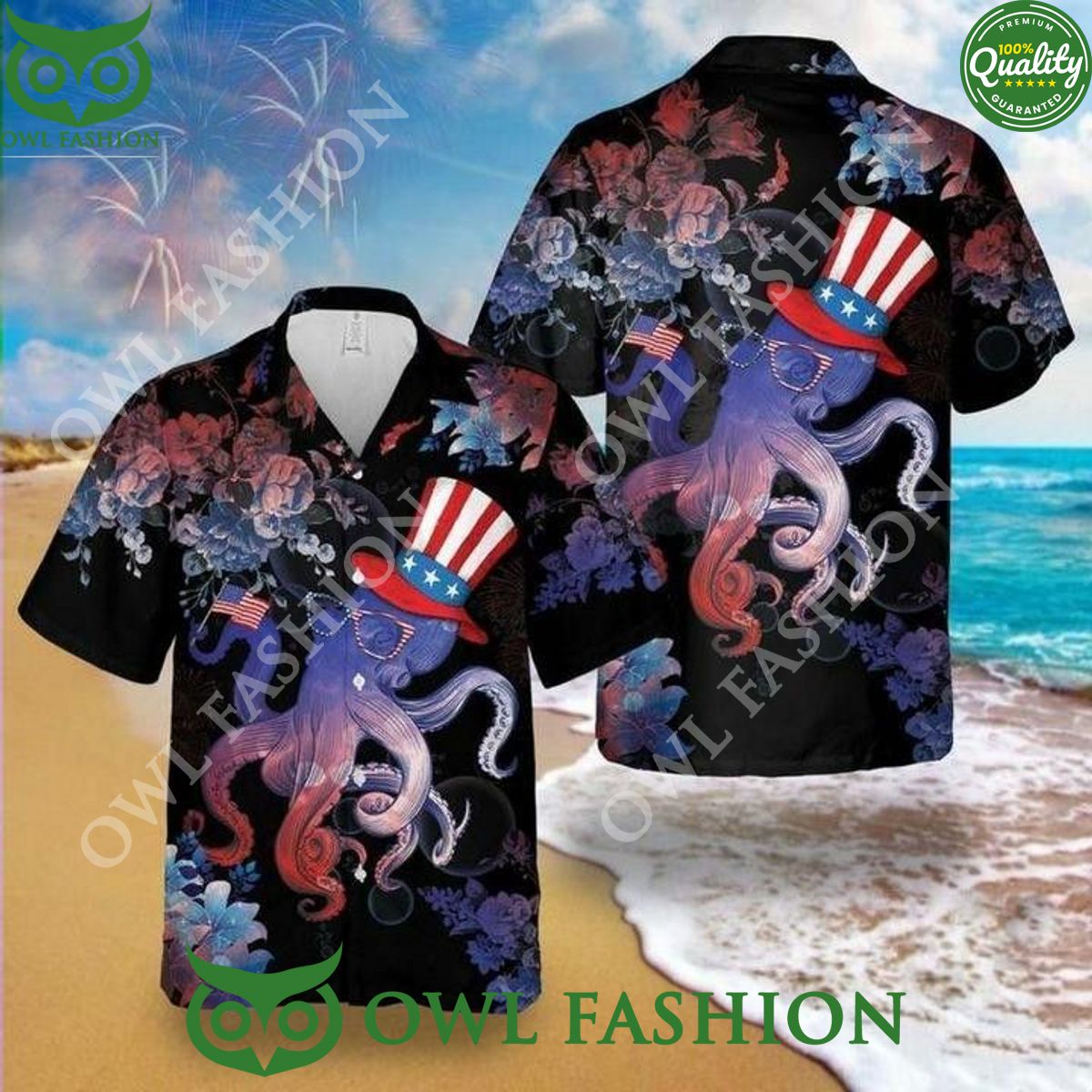 Octopus Celebrates 4Th Of July Flower Black Hawaiian Aloha Shirt