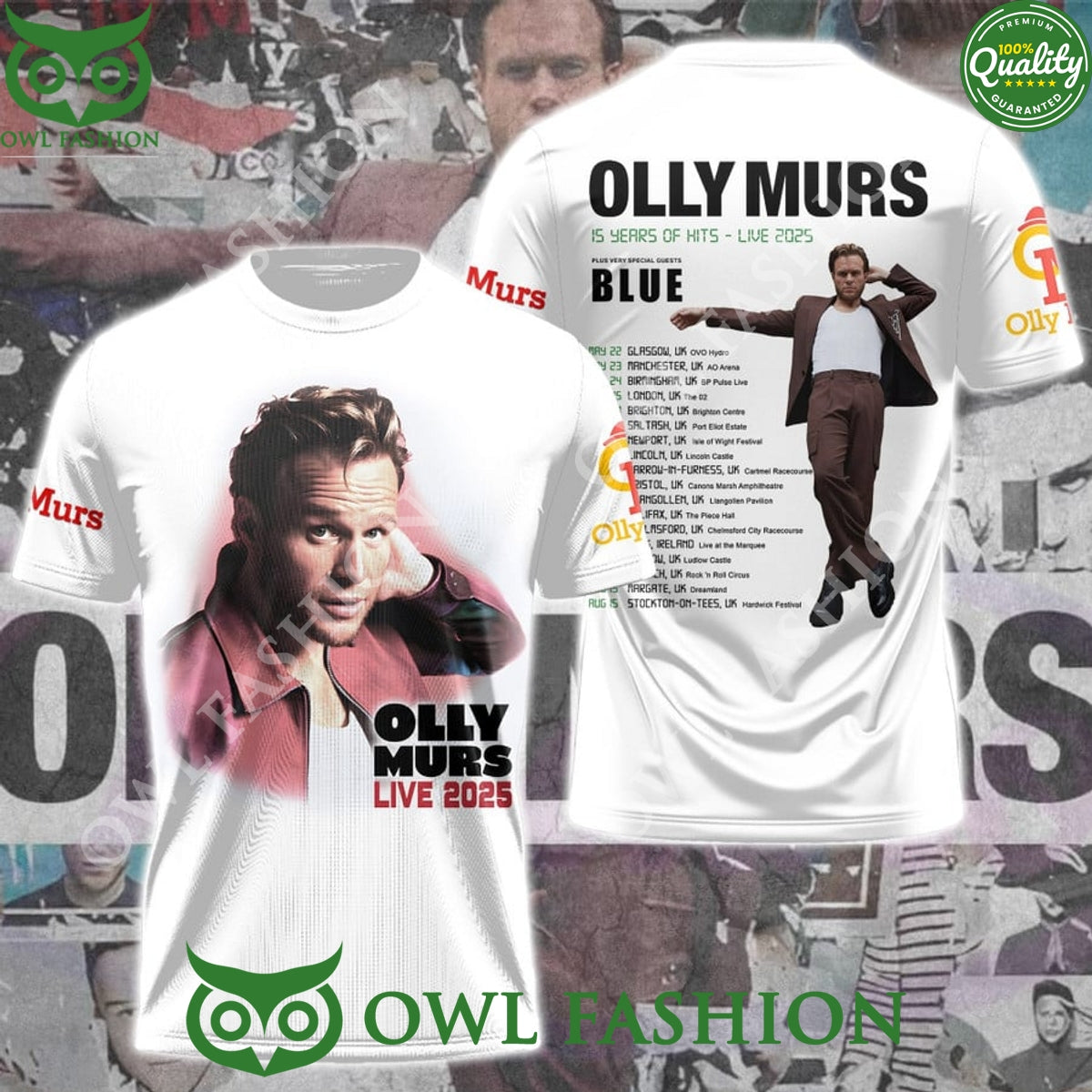 Olly Murs Live 2025 15 years of Hits Blue t shirt