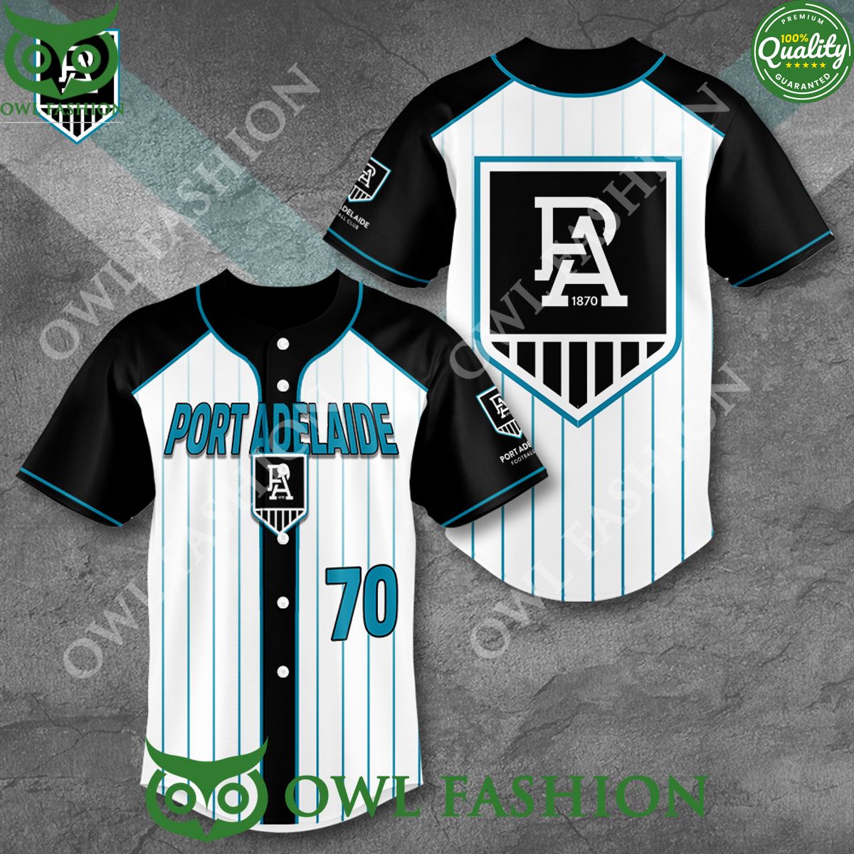 Port Adelaide FC Logo Black and White Baseball Jersey Shirt
