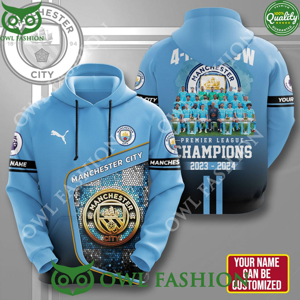 Personalized Manchester City 3D Premier League Champions 2023 2024 4 in a row t shirt
