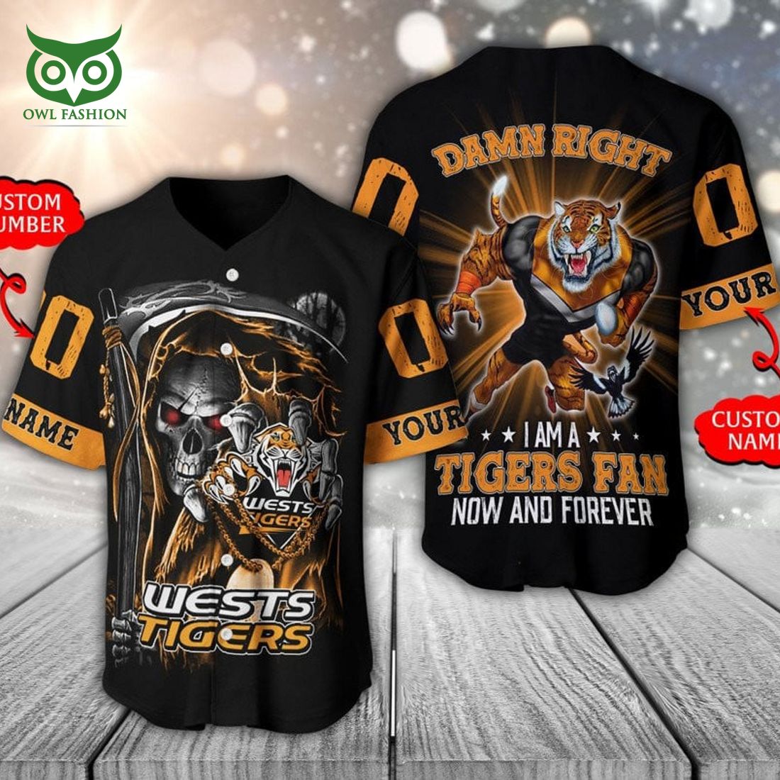 Personalized Wests Tigers NRL Skull Baseball Jersey Shirt