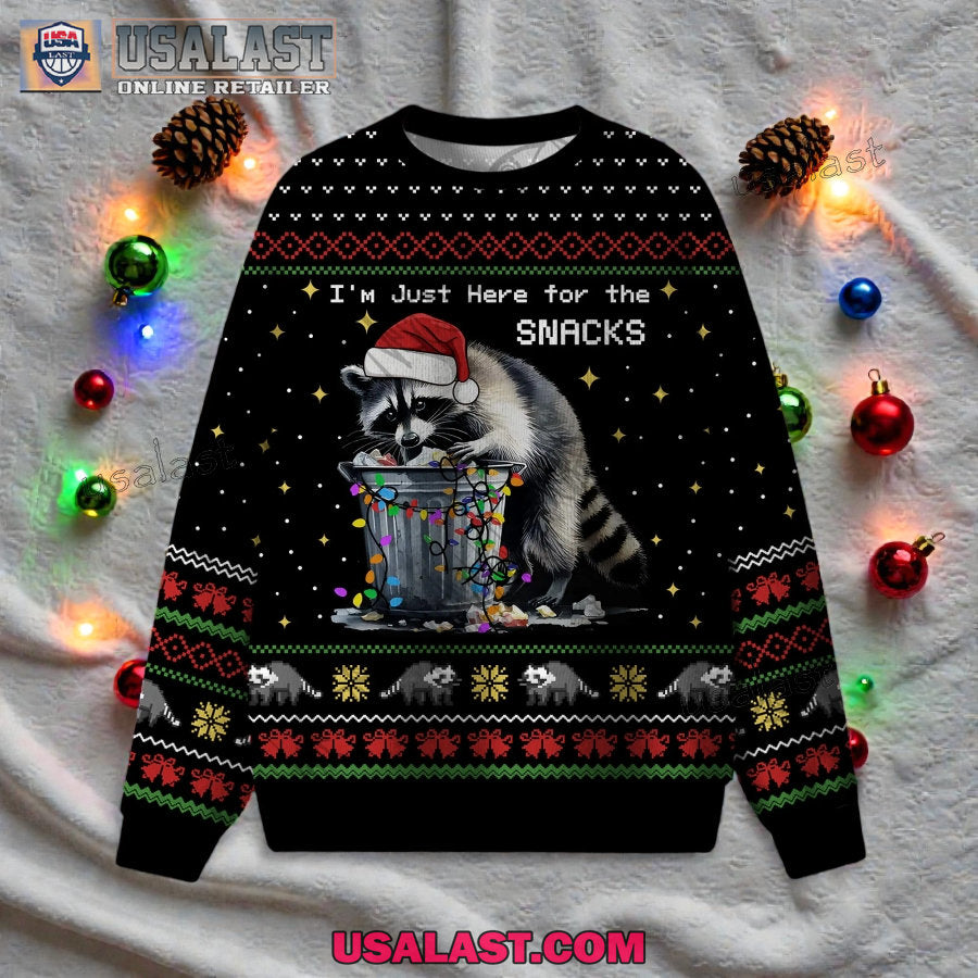 Raccoon I’m Just Here for the Snacks Ugly Christmas Sweater