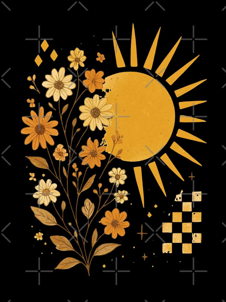 Boho Sun & Wildflower Retro Illustration – Vintage Floral Nature Art by 5CatDesign