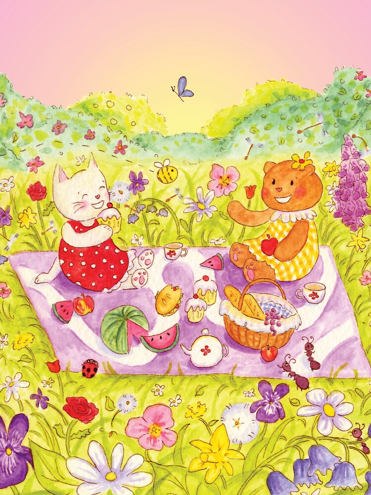 Teddy Bear and Cat Picnic Summertime Cute by AmyChaseArt