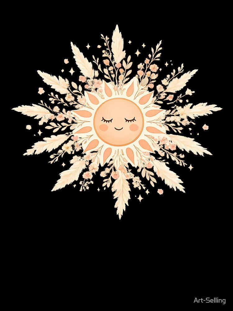 Boho Sun Face with Pampas Grass and Wildflowers — Celestial Floral Art by Art-Selling