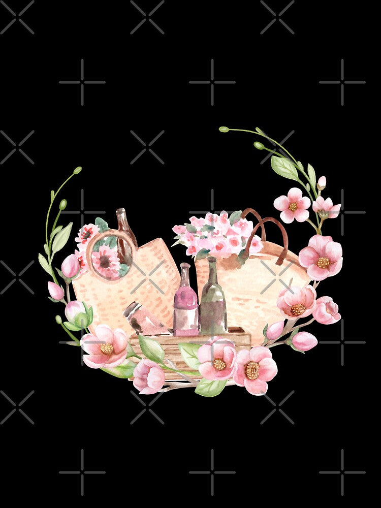 Cherry flowers blossom wreath with picnic composition : watercolor Spring illustration by HappyNoireArt