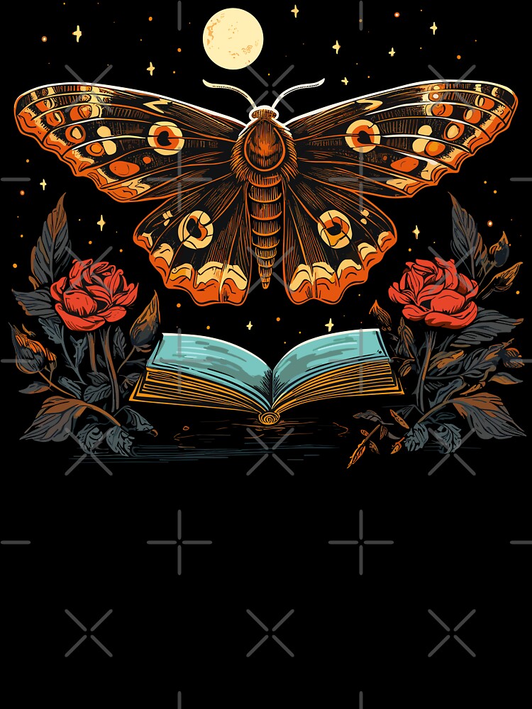 Moth With Magic Book And Flowers Starry Night by CosyTeal
