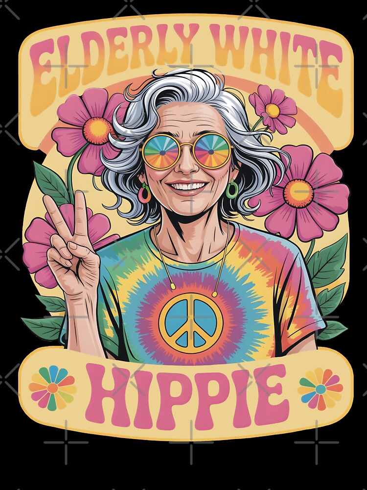 Elderly White Hippie Woman Peace Sign Retro Flower Power by SkymarArt