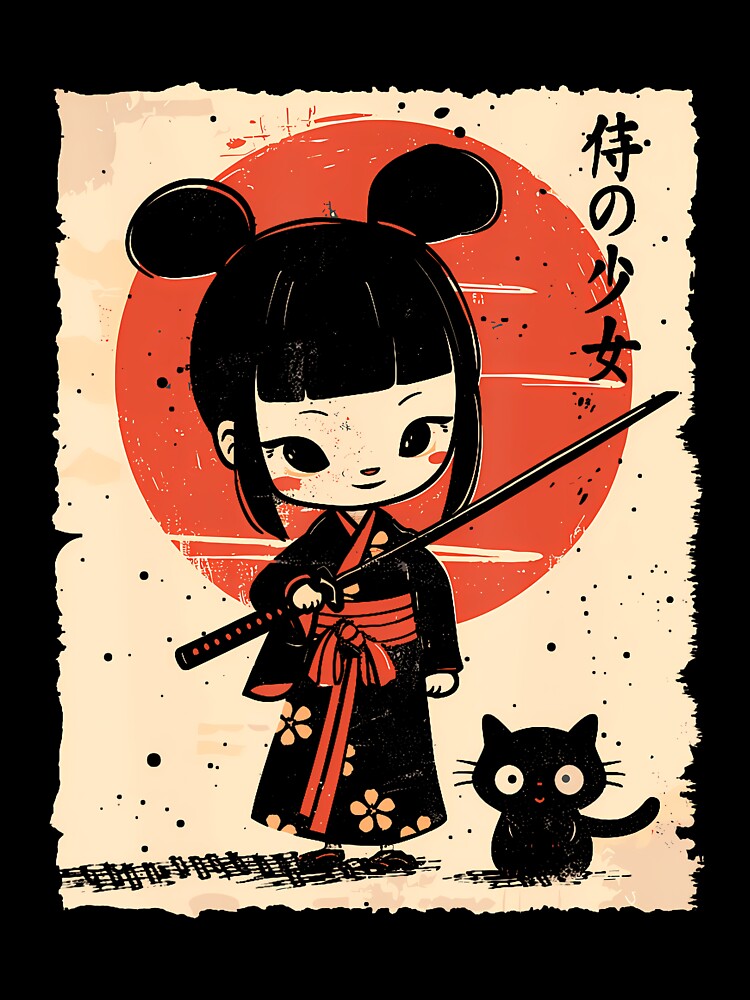 Cute Kawaii Samurai Girl With Katana  Cat Japanese Anime T-Shirt (2) by GabrielaPeterse