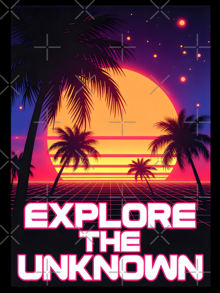 Explore the Unknown Retro Sunset Design with Grid, Palms and Cosmic Adventure Vibes by SplashTastic