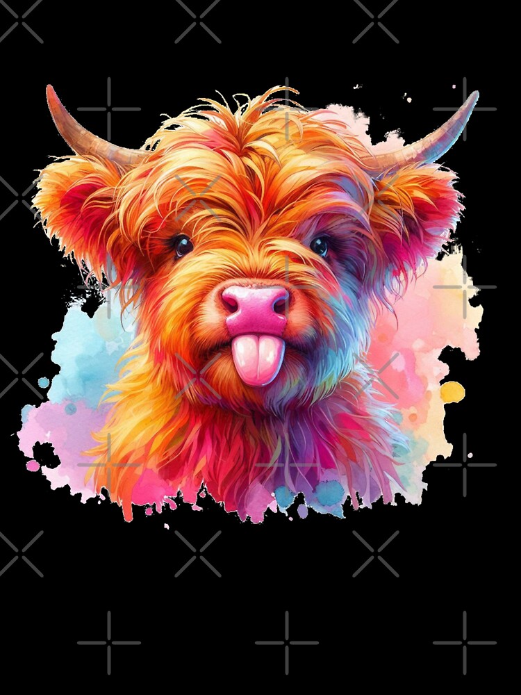 Cute Scottish Baby Highland Cow Calf Sticking Out Tongue Colorful Watercolor by MaedK