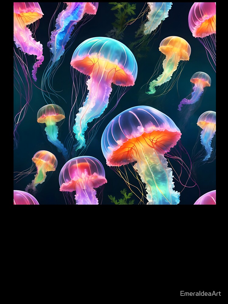Glowing Multicolor Jellyfish in Deep Ocean by EmeraldeaArt