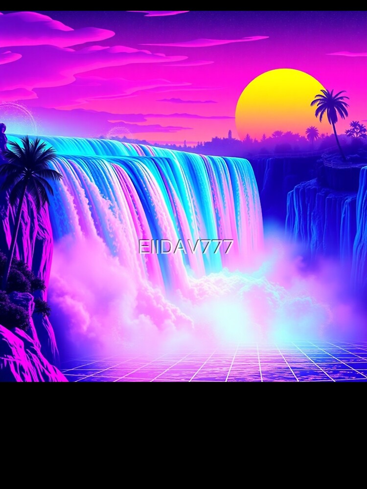 Vaporwave Neon Waterfall Grid Sunset Synthwave Art Print - Retro Cyberpunk Palm Trees Poster by EllDAV777