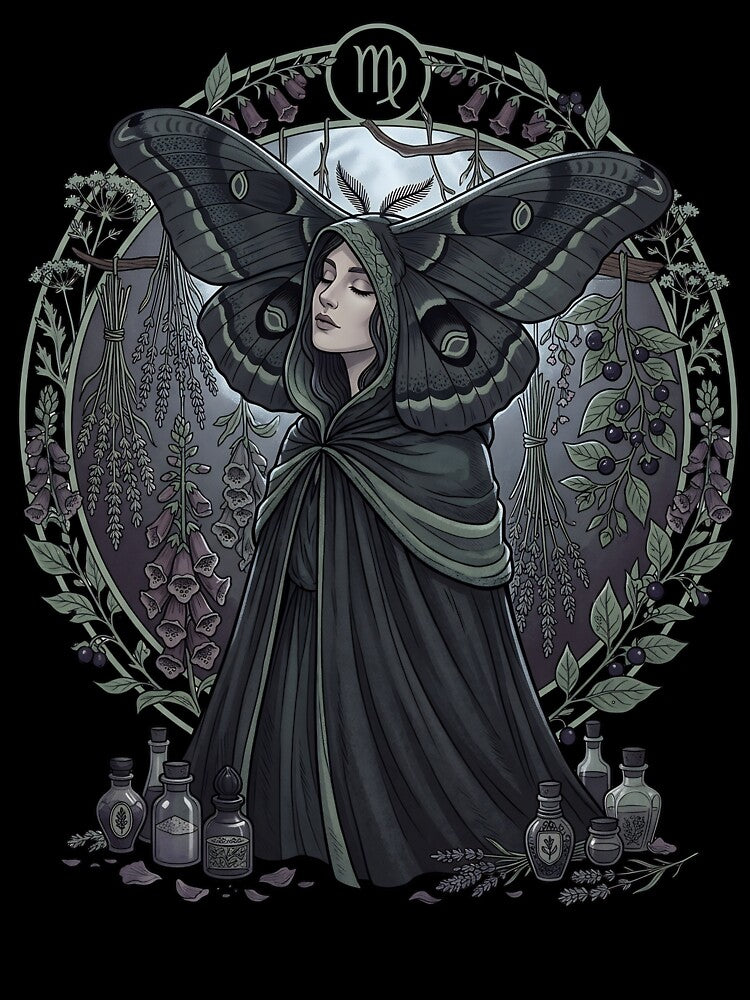 Virgo Whimsigoth Zodiac Art — Dark Botanical Earth Sign Astrology Design by DriftingDoodle