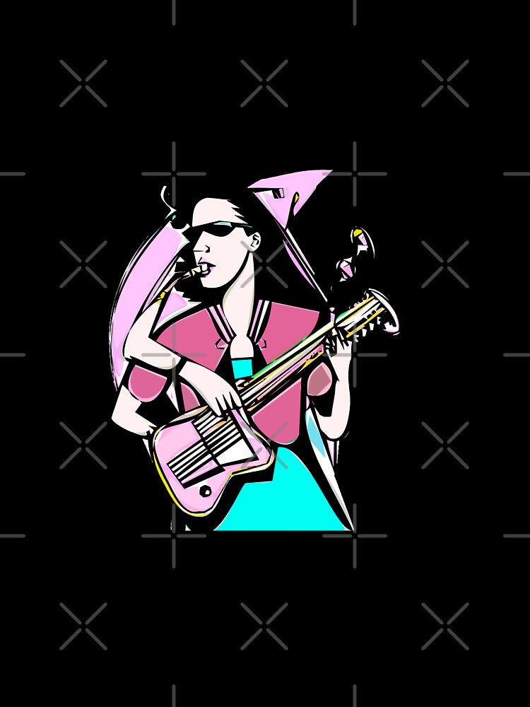 "The Guitar-Playing Woman in a Pink Blouse and Emerald Dress" by FunnyShopGirl
