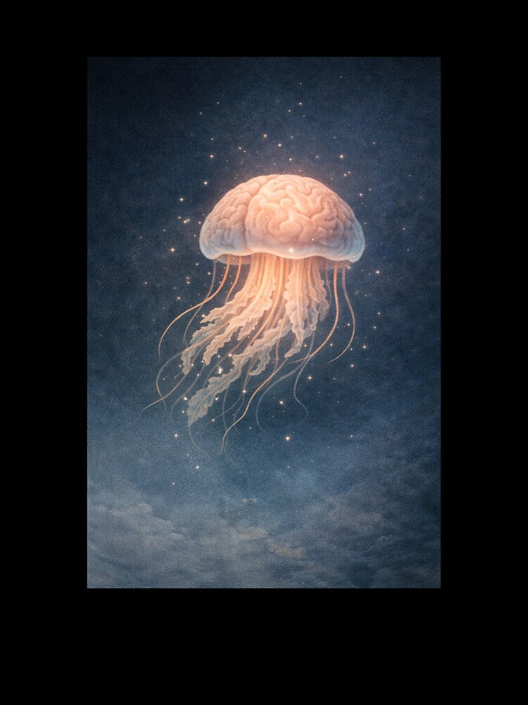 Floating Thoughts – Brain Jellyfish Surreal Art by InkWanderStudio
