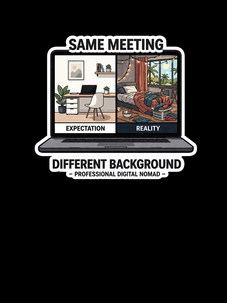 Funny Remote Work Design – Same Meeting Different Background, Work From Home Humor, Digital Nomad Joke, Expectation vs Reality Sticker PNG by ZYNORAworld