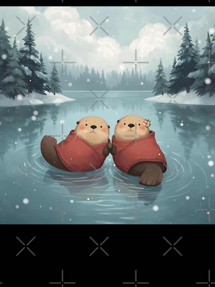 Floating Otters in Love on a Winter Lake by WildlifeWhimsy