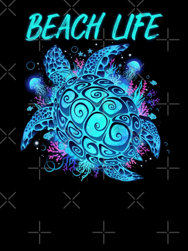 Neon Beach Life Sea Turtle with Bioluminescent Coral and Jellyfish by zoughlal