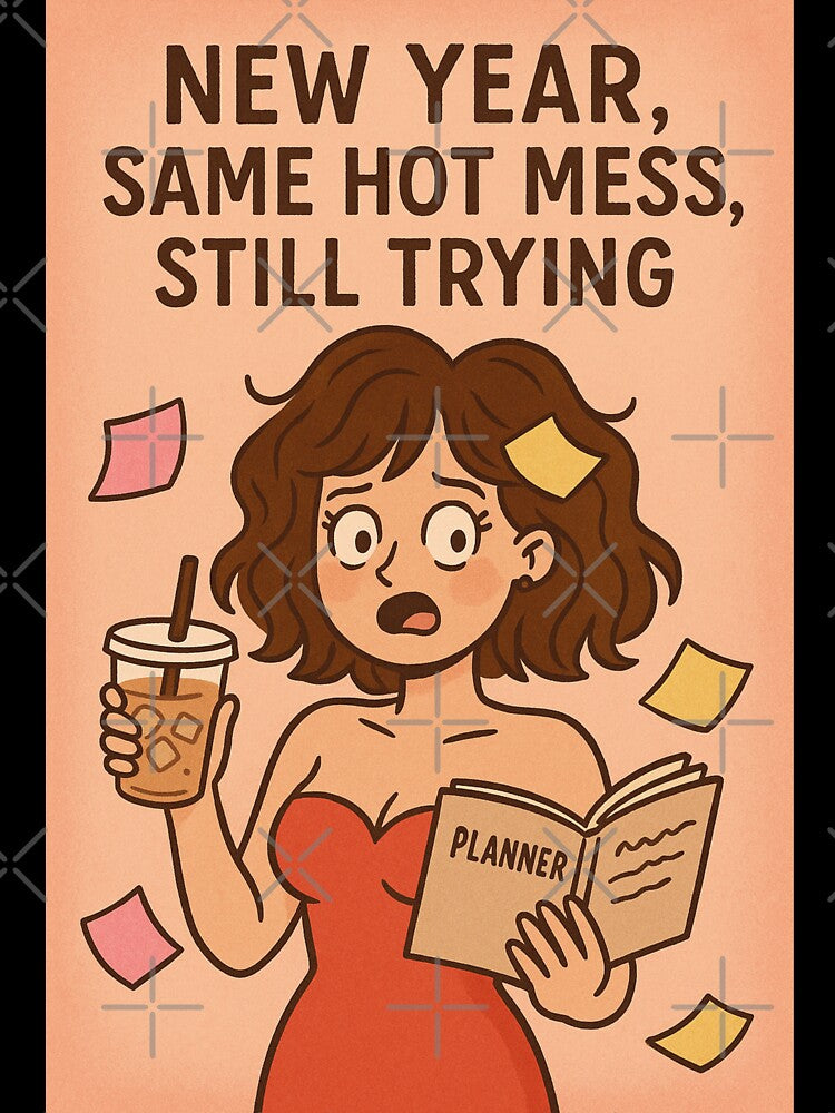 Funny New Year Greeting with Frazzled Woman, Iced Coffee and Planner Chaos by Places On Earth