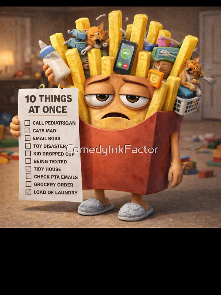 Overstimulated Parent Fries – 10 Things At Once Funny 3D Burnout Humor by ComedyInkFactor