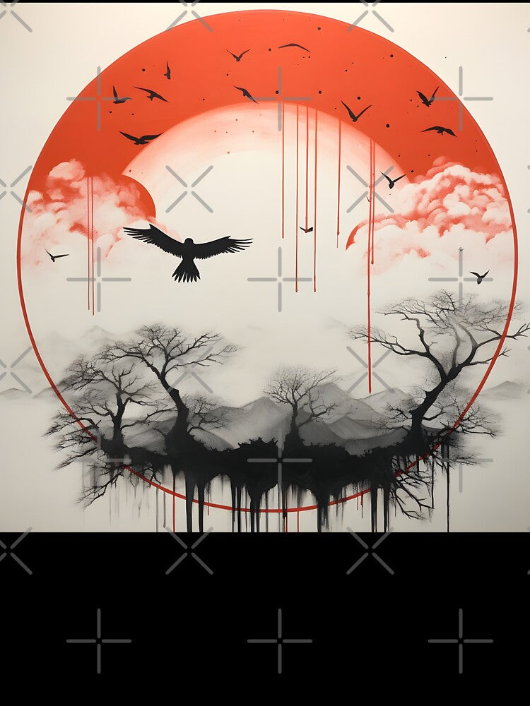 minimalist red sun art print, birds by dcrc