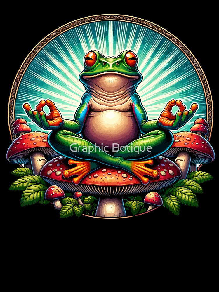 Zen Frog on Mushroom Yoga Design – Cute Meditating Frog Nature Artwork by Graphic Botique