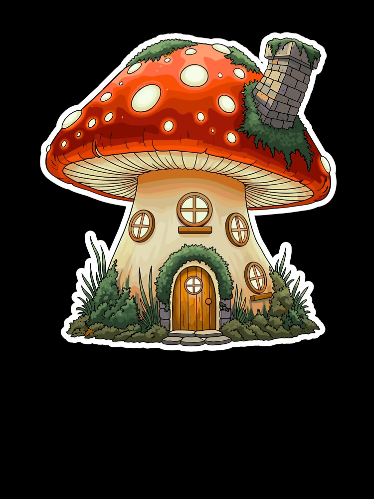 Whimsical Mushroom House Sticker - Cute Red Toadstool Fairy Cottage Art by Saroj Snehi