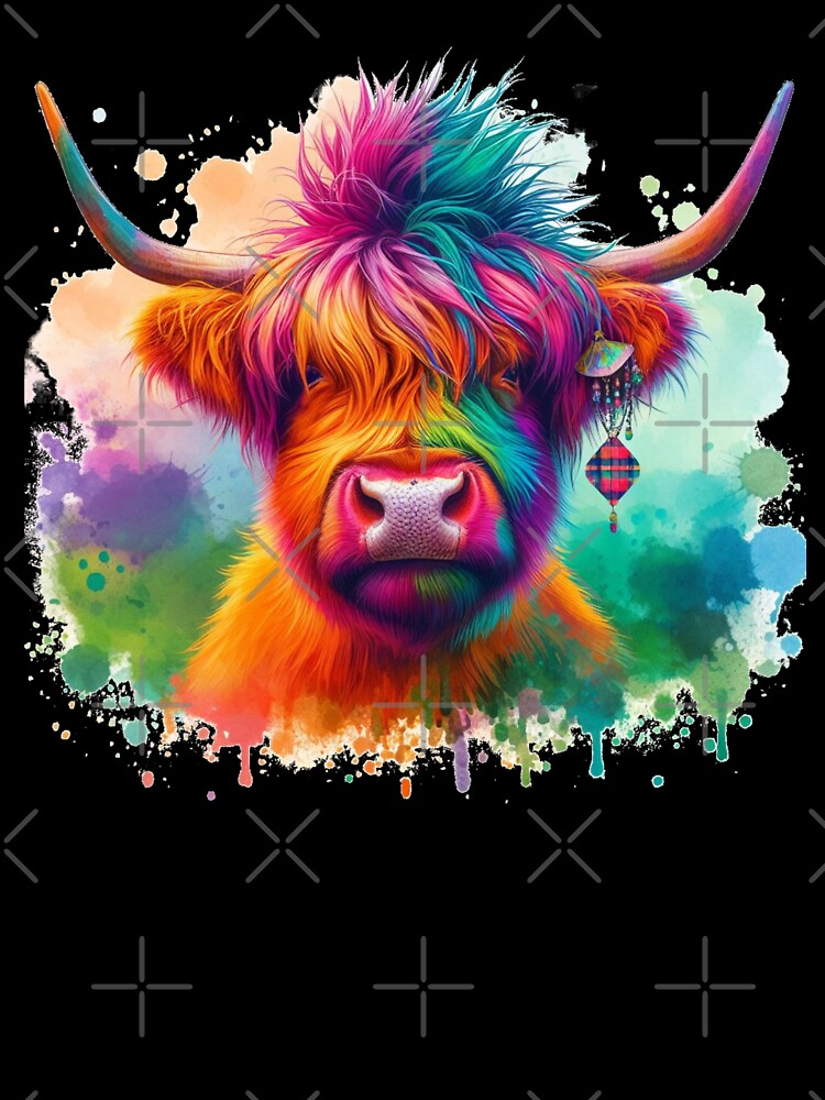 Punk Rocker Scottish Highland Cow Colorful Watercolor by MaedK