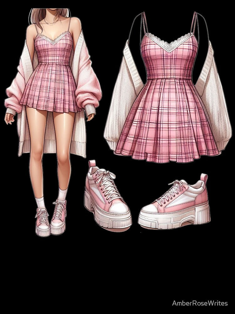 Pink Plaid Sundress - Oversized Cardigan - Y2K Fashion Drawing by AmberRoseWrites