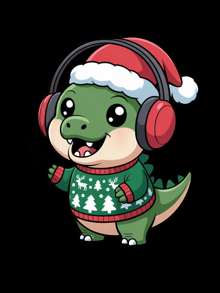 Kawaii Chibi Dinosaur in Ugly Christmas Sweater – Funny Holiday Singing Design by ColorSplash123