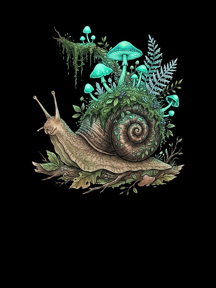 Glowing Mushroom Snail Mystical Forest Botanical Art by Ortsas