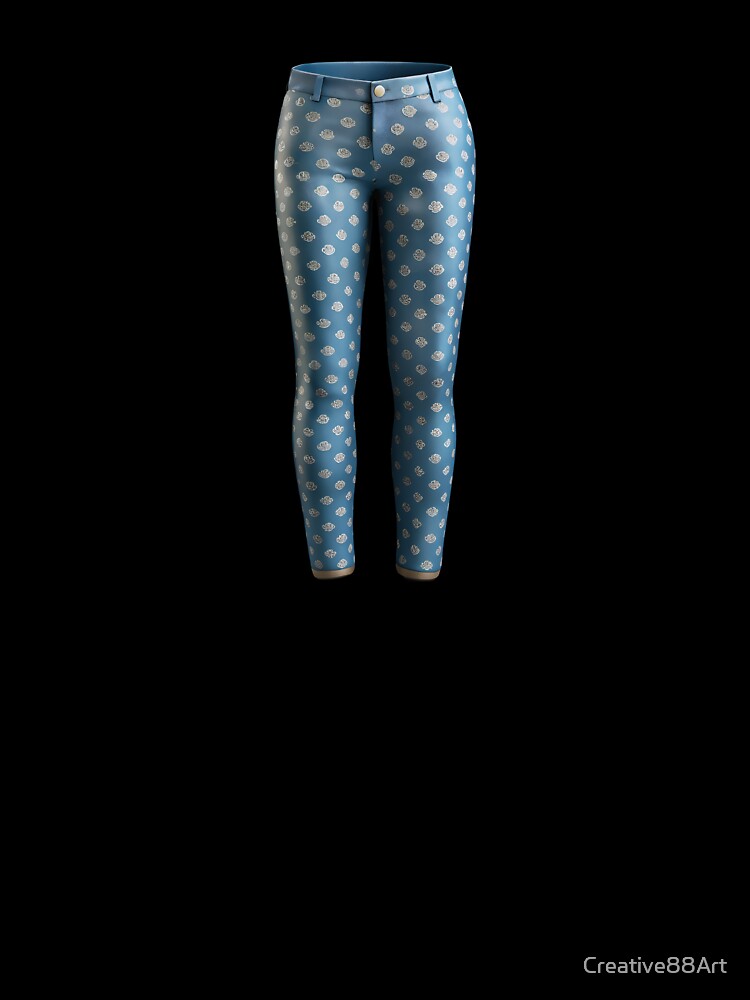 Slim fit blue trousers with white rose print and gold button by Creative88Art