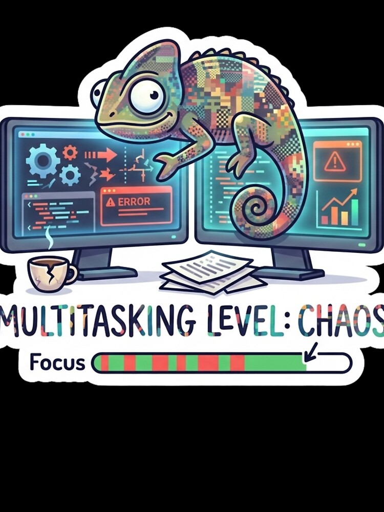 Multitasking Level Chaos Funny Remote Work Developer Sticker by ZYNORAworld