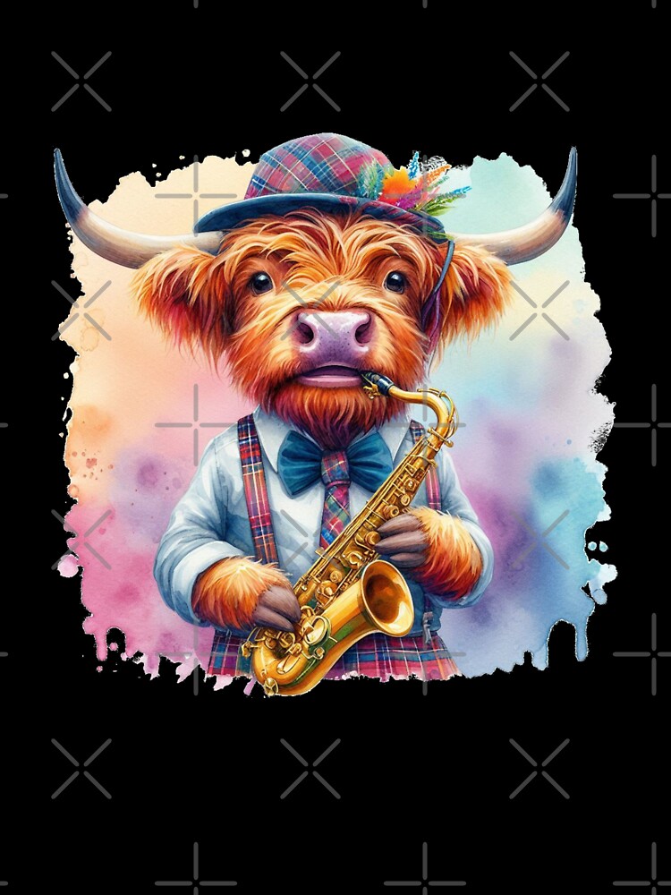 Scottish Highland Cow playing Jazz on the Saxophone Colorful Watercolor by MaedK