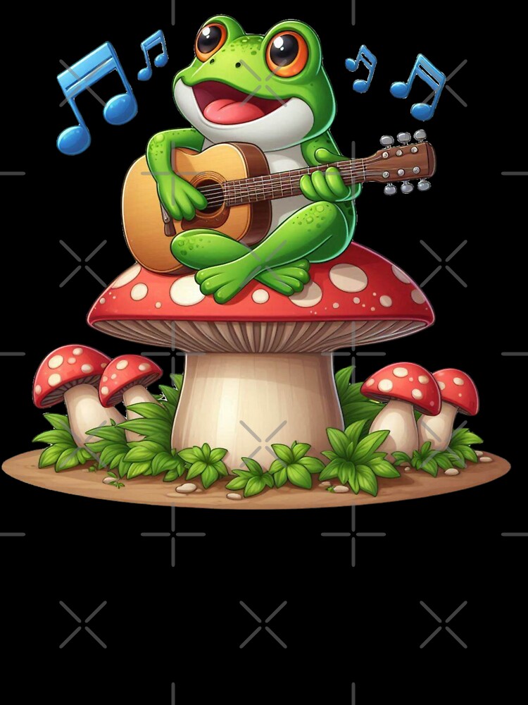 Frog Playing Guitar Sitting on Mushroom by Myra365Art