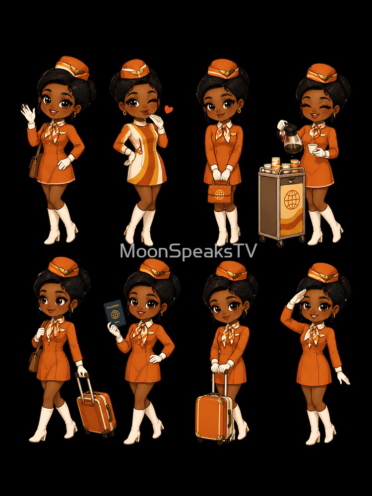 Retro Flight Attendant Girl – Vintage Airline Uniform Travel Design by MoonSpeaksTV
